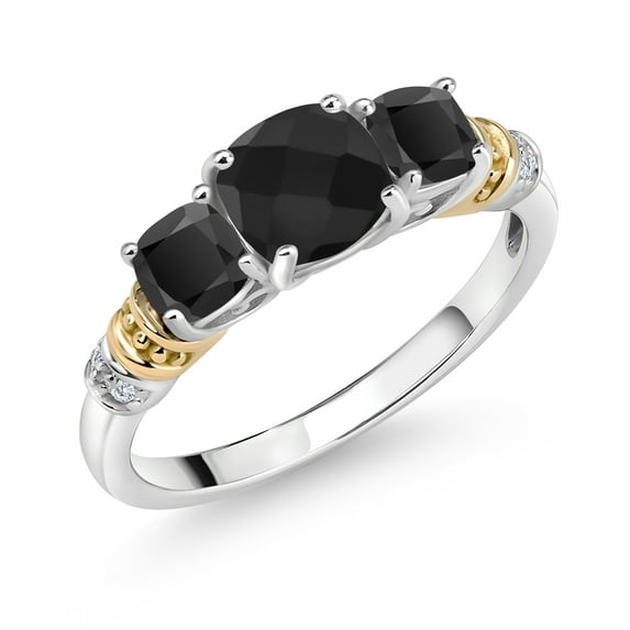 Gem Stone King 925 Silver and 10K Yellow Gold Black Onyx and Diamond 3-Stone Ring for Women (1.51 Cttw, Gemstone December Birthstone, Cushion Checkerboard 6MM and 4MM, Size 7)