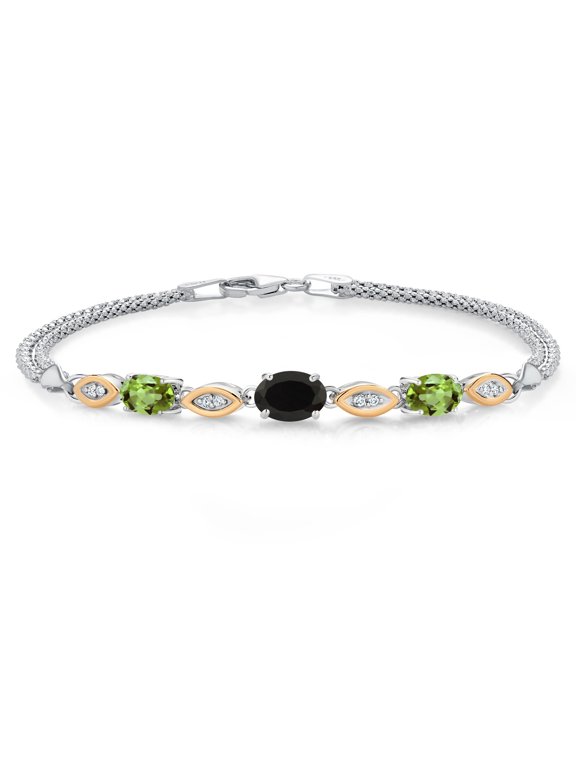 925 Silver and 10K Yellow Gold Black Onyx and Green Peridot and White Lab Grown Diamond Bracelet for Women (1.76 Cttw, Gemstone December Birthstone, Oval, Wheat Chain, 7 inches)