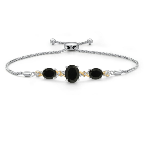 Gem Stone King 925 Silver & 10K Yellow Gold Black Onyx & Lab Grown Diamond Bracelet for Women | 5.76 Cttw | Gemstone December Birthstone | Oval 10X8MM and 8X6MM | Fully Adjustable 9 inch