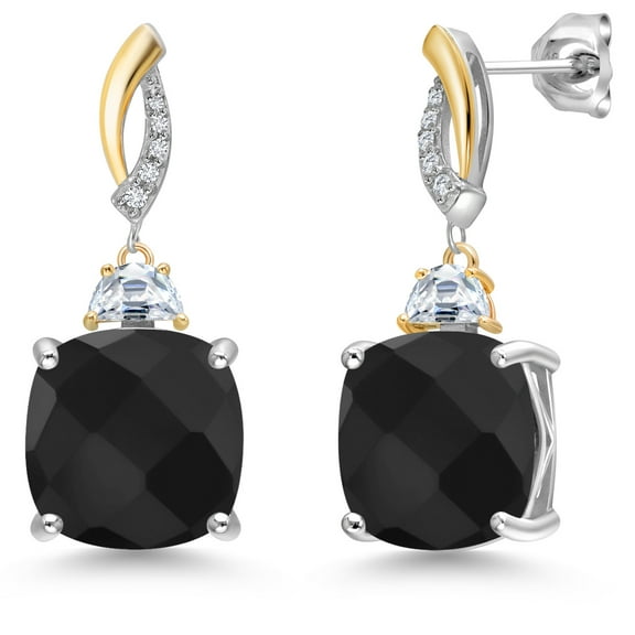 Gem Stone King 925 Silver and 10K Yellow Gold Black Onyx and Moissanite and White Lab Grown Diamond Dangle Earrings for Women | 11.51 Cttw | Gemstone December Birthstone | Cushion Checkerboard 12MM