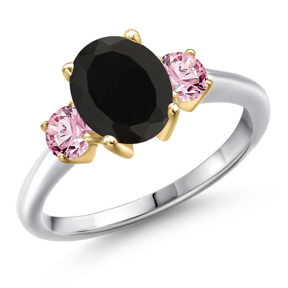 Gem Stone King 925 Silver and 10K Yellow Gold Black Onyx and Pink Lab Grown Diamond Engagement Ring for Women | 2.50 Cttw | Oval 9X7MM | Gemstone December Birthstone | Size 7
