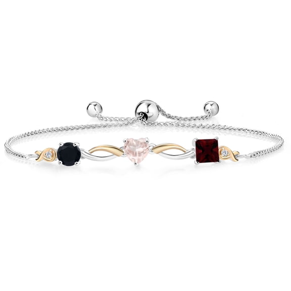 Gem Stone King 925 Silver and 10K Yellow Gold Black Onyx Rose Rose Quartz Red Garnet and Lab Grown Diamond Tennis Bracelet for Women By Keren Hanan (2.11 cttw, Adjustable up To 9 inch)