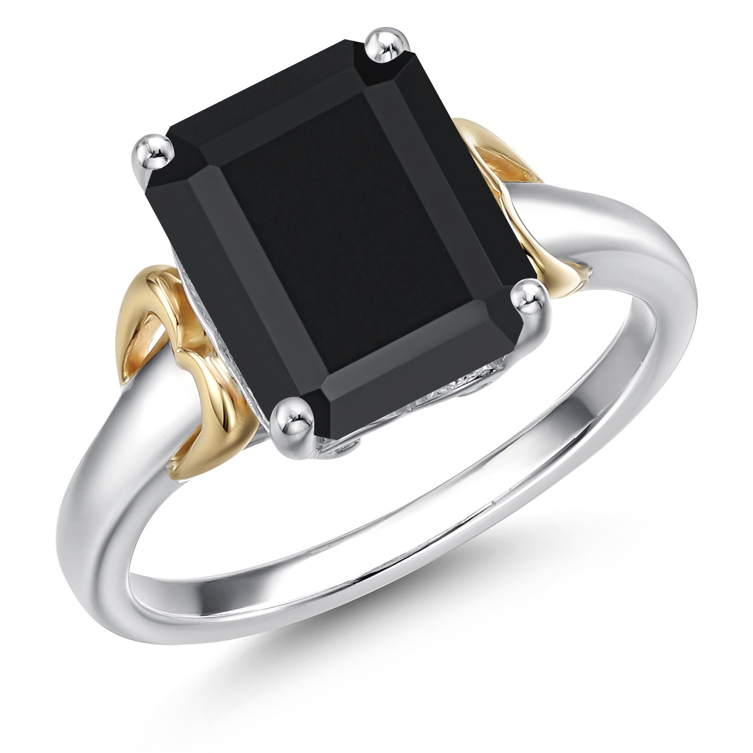 Gem Stone King 925 Silver and 10K Yellow Gold Black Onyx Solitaire Engagement Ring for Women | 3.13 Cttw | Octagon 10X8MM | Gemstone December Birthstone | Size 9