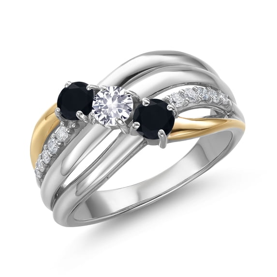 Gem Stone King 925 Silver and 10K Yellow Gold Black Onyx and White Created Sapphire and Lab Grown Diamond Engagement Ring for Women | 0.84 Cttw | Round 4MM | December Birthstone | Size 5