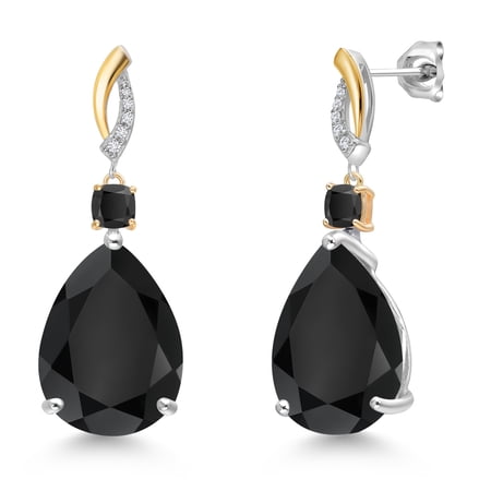 Gem Stone King 925 Silver and 10K Yellow Gold Black Onyx and White Lab Grown Diamond Earrings for Women | 20.43 Cttw | Gemstone Birthstone | Pear Shape 18X13MM