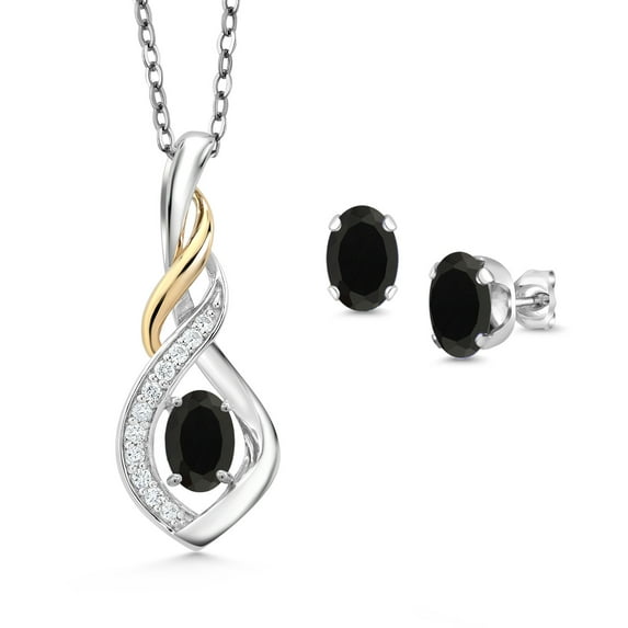Gem Stone King 925 Silver and 10K Yellow Gold Black Onyx and White Lab Grown Diamond Pendant and Earrings Jewelry Set for Women (1.28 Cttw, Gemstone December Birthstone, with 18 inch Chain)