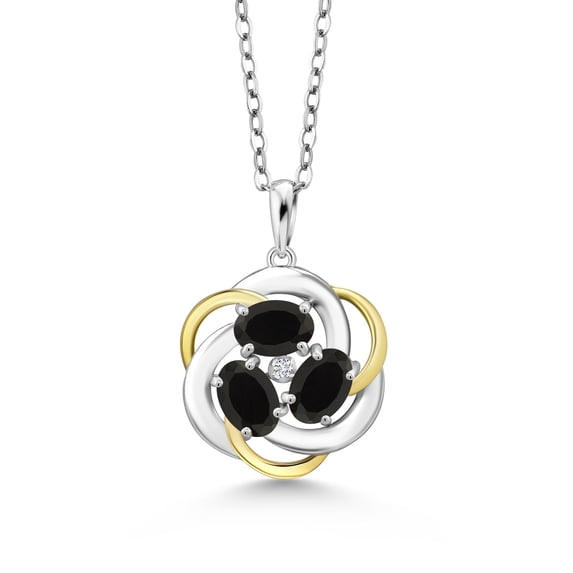 Gem Stone King 925 Silver and 10K Yellow Gold Black Onyx and White Lab Grown Diamond Pendant Necklace for Women | 1.21 Cttw | Gemstone December Birthstone | Oval 6X4MM | With 18 inch Chain
