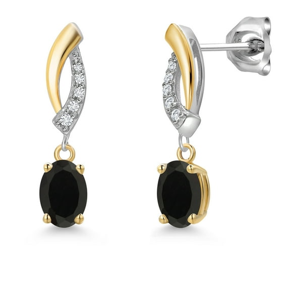 Gem Stone King 925 Silver and 10K Yellow Gold Black Onyx and White Lab Grown Diamond Stud Earrings for Women | 0.85 Cttw | Gemstone December Birthstone | Oval 6X4MM
