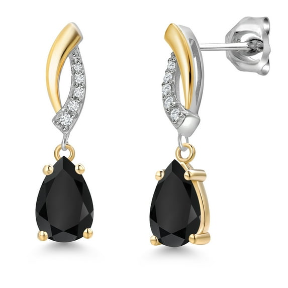 Gem Stone King 925 Silver and 10K Yellow Gold Black Onyx and White Lab Grown Diamond Stud Earrings for Women | 1.75 Cttw | Gemstone December Birthstone | Pear Shape 8X5MM