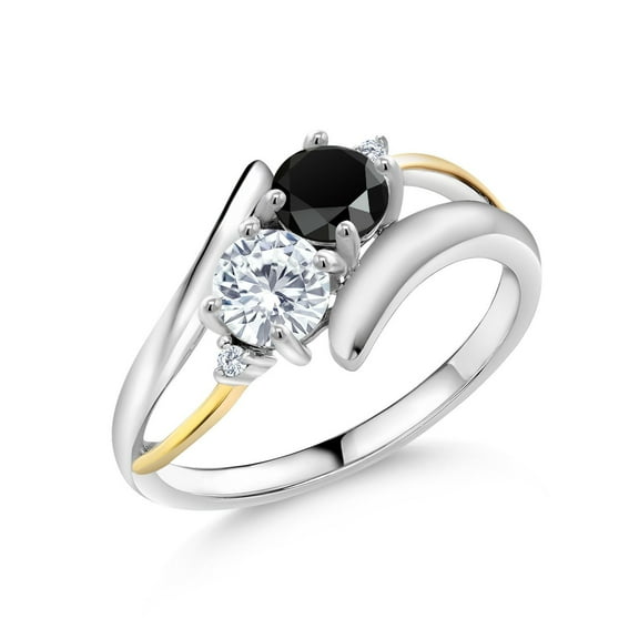 Gem Stone King 925 Silver and 10K Yellow Gold Black Onyx and White Moissanite Two Stone Crossover Women Ring (0.98cttw, Size 7)