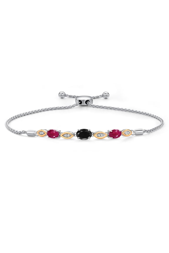 925 Silver and 10K Yellow Gold Black Sapphire and Red Ruby and Lab Grown Diamond Bracelet for Women | 2.36 Cttw | Gemstone September Birthstone | Oval 7X5MM | Fully Adjustable 9"