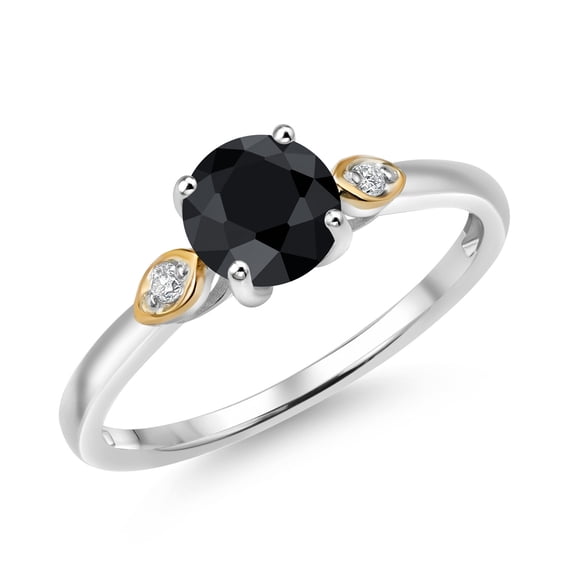 Gem Stone King 925 Silver and 10K Yellow Gold Black Sapphire and White Lab Grown Diamond 3-Stone Engagement Ring for Women (1.18 Cttw, Round 6MM, Gemstone September Birthstone, Size 7)