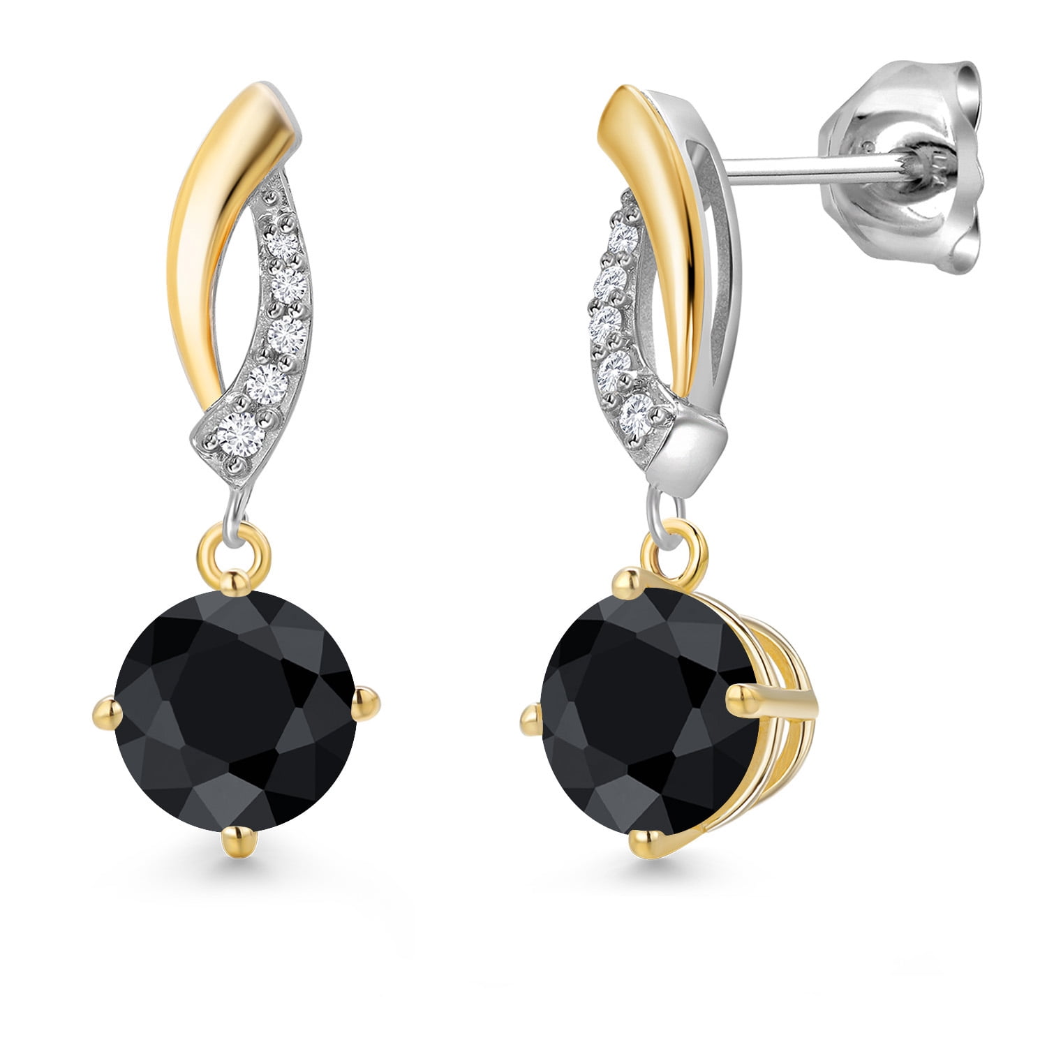 Gem Stone King 925 Silver and 10K Yellow Gold Black Sapphire and White Lab Grown Diamond Dangle Earrings for Women | 2.35 Cttw | Gemstone September Birthstone | Round 6MM