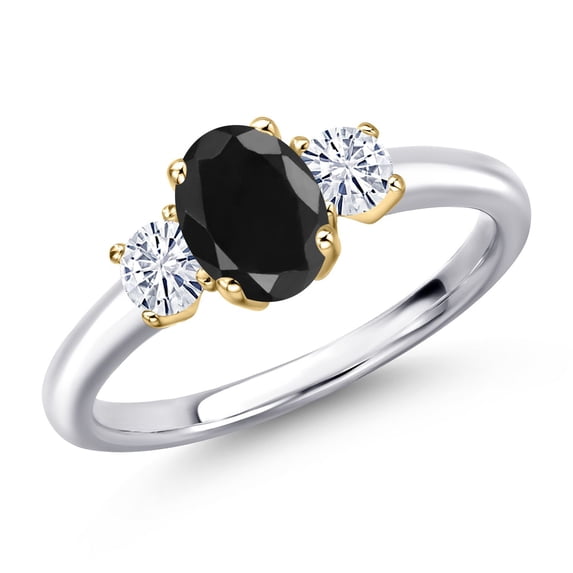 Gem Stone King 925 Silver and 10K Yellow Gold Black Sapphire and White Moissanite Engagement Ring for Women | 1.42 Cttw | Oval 7X5MM | Gemstone September Birthstone | Size 6