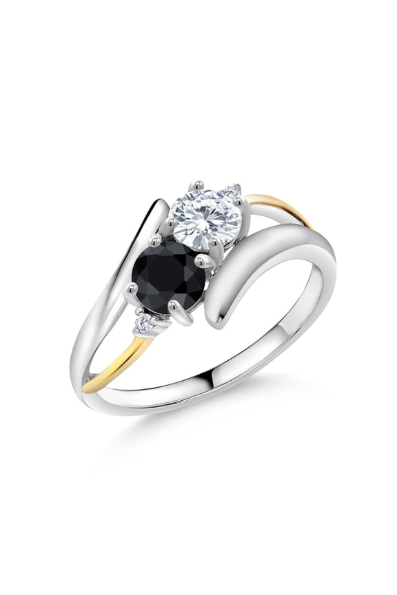 1.21 Cttw Black Sapphire White Moissanite and Lab Grown Diamond Ring for Women | 925 Silver and 10K Yellow Gold | Gemstone Birthstone | 5MM Round | Size 5