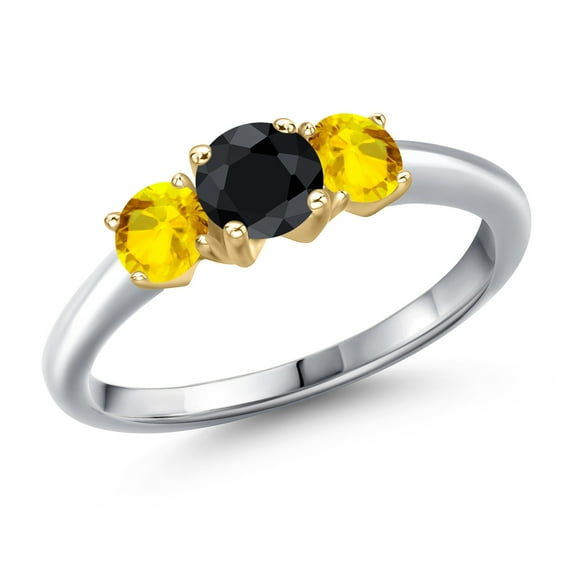 Gem Stone King 925 Silver and 10K Yellow Gold Black Sapphire and Yellow Sapphire Engagement Ring for Women | 1.41 Cttw | Round 5MM | Gemstone September Birthstone | Size 8