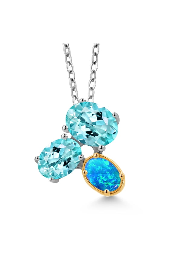 925 Silver and 10K Yellow Gold Blue Apatite and Blue Opal Pendant Necklace for Women (2.52 Cttw, Oval 8X6MM, 7X5MM and 6X4MM, Gemstone, with 18 inch Chain)