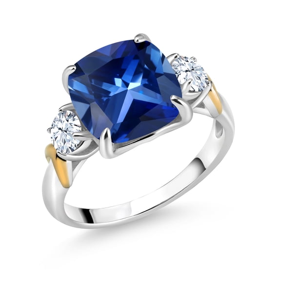 Gem Stone King 925 Silver and 10K Yellow Gold Blue Created Sapphire 3 Stone Ring for Women (5.82 Cttw, Gemstone September Birthstone, Cushion 10MM, Round 4MM, Size 8)