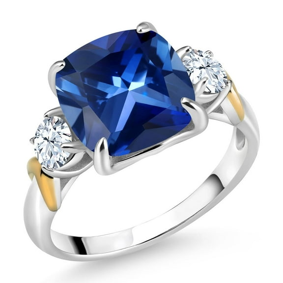 Gem Stone King 925 Silver and 10K Yellow Gold Blue Created Sapphire 3 Stone Ring for Women (5.82 Cttw, Gemstone September Birthstone, Cushion 10MM, Round 4MM, Size 7)