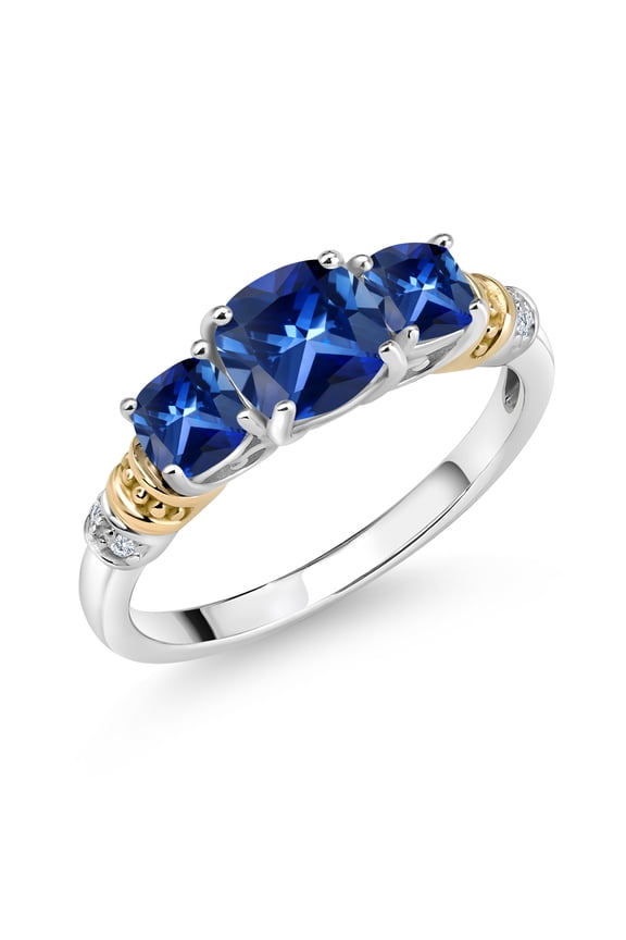 925 Silver and 10K Yellow Gold Blue Created Sapphire and Diamond 3-Stone Ring for Women (1.72 Cttw, Gemstone September Birthstone, Cushion 6MM and 4MM, Size 8)