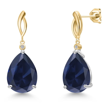 Gem Stone King 925 Silver and 10K Yellow Gold Blue Created Sapphire and Lab Grown Diamond Dangle Earrings for Women | 20.43 Cttw | Gemstone September Birthstone | Pear Shape 16X12MM