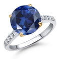 thumbnail image 1 of Gem Stone King 925 Silver and 10K Yellow Gold Blue Created Sapphire and Lab Grown Diamond Engagement Ring for Women | 3.86 Cttw | Round 10MM | Gemstone September Birthstone | Size 8, 1 of 6