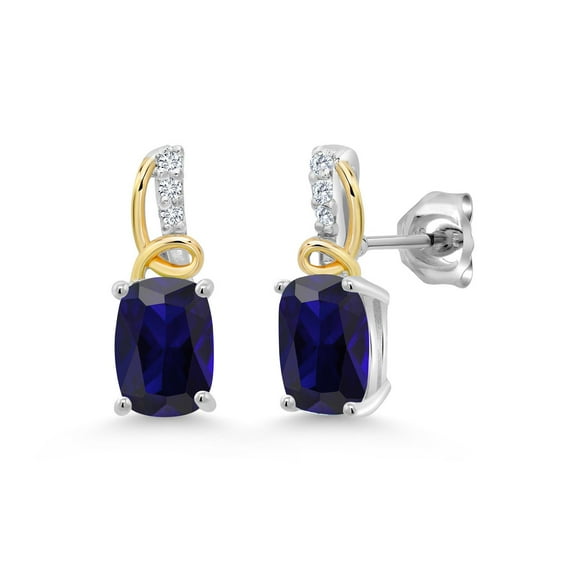 Gem Stone King 925 Silver and 10K Yellow Gold Blue Created Sapphire and Lab Grown Diamond Stud Earrings for Women 2.05 Cttw, Gemstone September Birthstone, Cushion 7X5MM