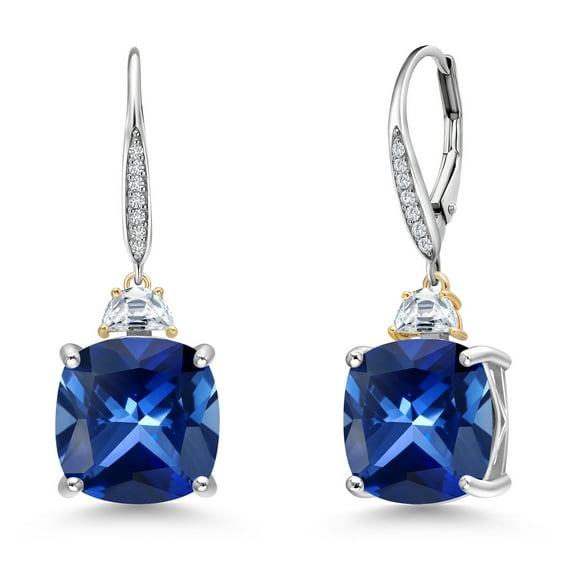 Gem Stone King 925 Silver and 10K Yellow Gold Blue Created Sapphire and Moissanite and Lab Grown Diamond Dangle Earrings for Women | 17.46 Cttw | Gemstone September Birthstone | Cushion 12MM