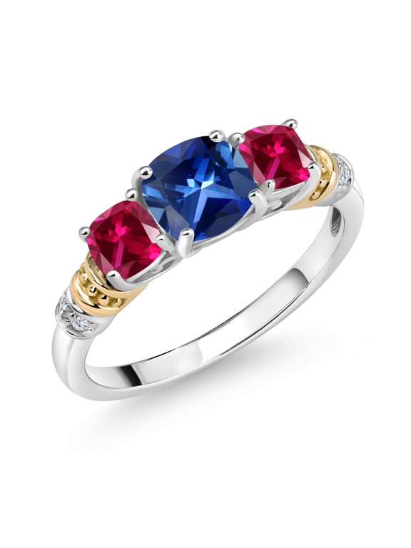 Blue Created Sapphire Red Created Ruby and Diamond 3-Stone Ring for Women | 925 Silver and 10K Yellow Gold | 1.76 Cttw | Cushion 6MM and 4MM | Available in Size 5, 6, 7, 8, 9 | Size 5