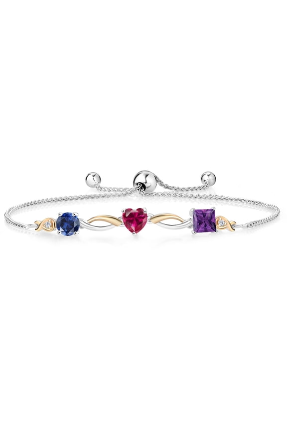 925 Silver and 10K Yellow Gold Blue Created Sapphire Red Created Ruby Purple Amethyst and Lab Grown Diamond Tennis Bracelet for Women By Keren Hanan (2.21 cttw, Adjustable up To 9 inch)