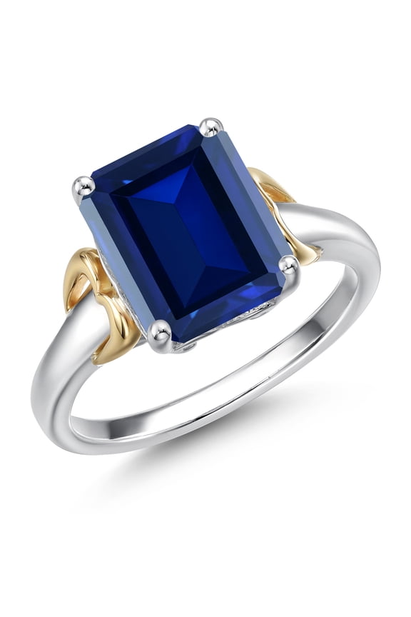 925 Silver and 10K Yellow Gold Blue Created Sapphire Solitaire Engagement Ring for Women | 4.00 Cttw | Emerald Cut 10X8MM | Available in Size 5,6,7,8,9