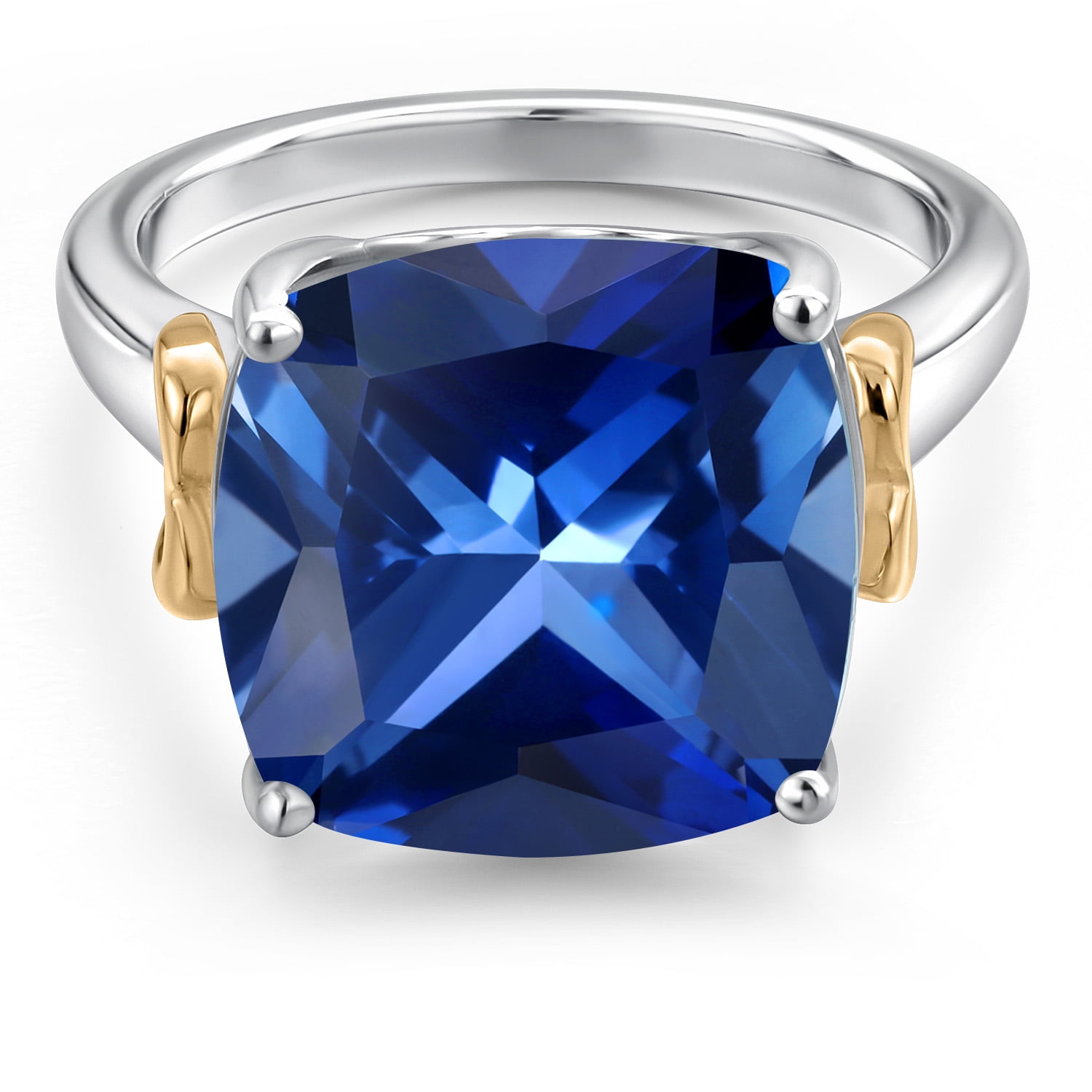 Gem Stone King 925 Silver and 10K Yellow Gold Blue Created Sapphire Solitaire Engagement Ring for Women | 8.50 Cttw | Cushion 12MM | Gemstone September Birthstone | Size 7