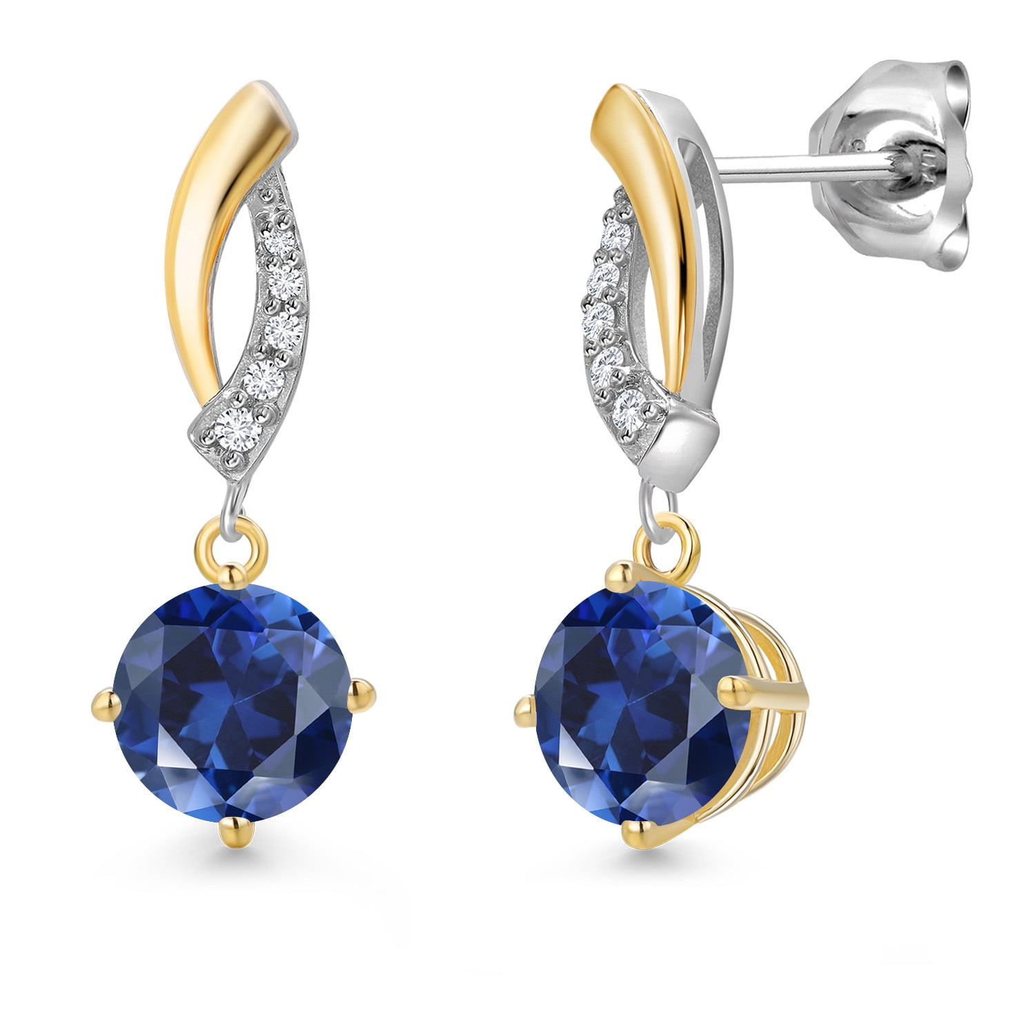 Gem Stone King 925 Silver and 10K Yellow Gold Blue Created Sapphire and White Lab Grown Diamond Dangle Earrings for Women | 2.05 Cttw | Gemstone September Birthstone | Round 6MM
