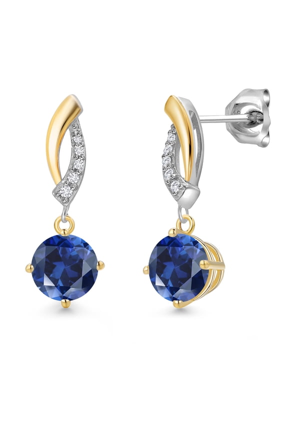 925 Silver and 10K Yellow Gold Blue Created Sapphire and White Lab Grown Diamond Dangle Earrings for Women | 2.05 Cttw | Gemstone September Birthstone | Round 6MM