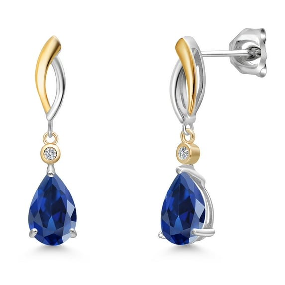 Gem Stone King 5.12 Cttw Blue Created Sapphire and White Lab Grown Diamond Dangle Earrings for Women | 925 Silver and 10K Yellow Gold | Gemstone September Birthstone | Pear Shape 9X6MM