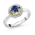 thumbnail image 1 of Gem Stone King 925 Silver and 10K Yellow Gold Blue Created Sapphire and White Lab Grown Diamond Halo Engagement Ring for Women (0.72 Cttw, Gemstone September Birthstone, Round 5MM, Size 9), 1 of 3