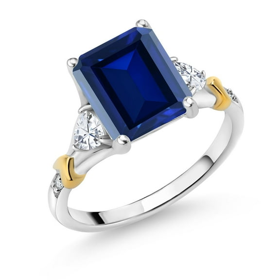 Gem Stone King 4.34 Cttw Blue Created Sapphire White Moissanite and Diamond Engagement Ring for Women | 925 Silver and 10K Yellow Gold | Emerald Cut 10X8MM | Trillion 3.5MM | Size 5-9 | Size 5
