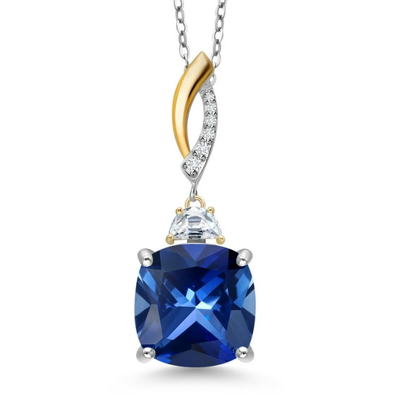 Gem Stone King 925 Silver and 10K Yellow Gold Blue Created Sapphire and White Moissanite Pendant Necklace for Women | 8.73 Cttw | Gemstone September Birthstone | Cushion 12MM | With 18 inch Chain