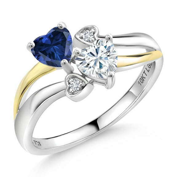 Gem Stone King 925 Silver and 10K Yellow Gold Blue Created Sapphire and White Moissanite and White Lab Grown Diamond Ring for Women (0.94 Cttw, September Birthstone, Heart Shape 5MM, Size 9)
