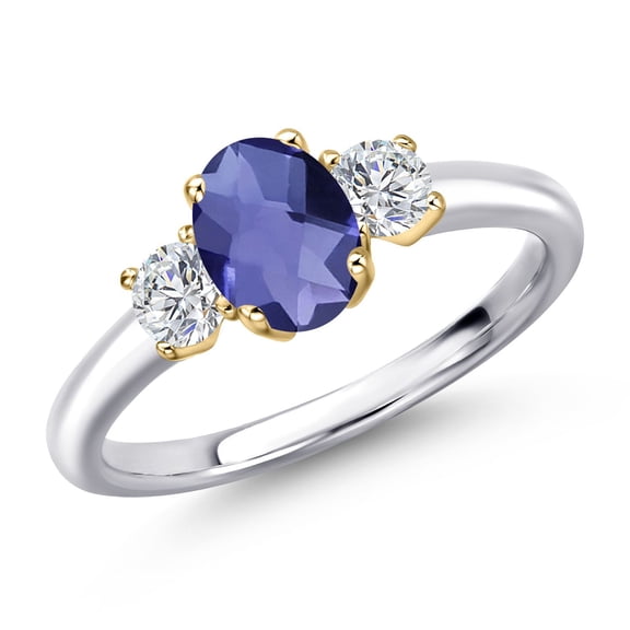 Gem Stone King 925 Silver and 10K Yellow Gold Blue Iolite and Lab Grown Diamond Engagement Ring for Women | 0.99 Cttw | Oval Checkerboard 7X5MM | Gemstone Birthstone | Size 7