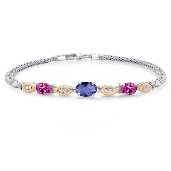 Gem Stone King 925 Silver and 10K Yellow Gold Blue Iolite and Pink Created Sapphire and White Lab Grown Diamond Bracelet for Women (1.71 Cttw, Gemstone, Oval Checkerboard, Wheat Chain, 7 inches)