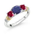 thumbnail image 1 of Gem Stone King 925 Silver and 10K Yellow Gold Blue Lapis and Red Created Ruby and Diamond 3-Stone Ring for Women (1.76 Cttw, Gemstone Birthstone, Cushion 6MM and 4MM, Size 6), 1 of 3