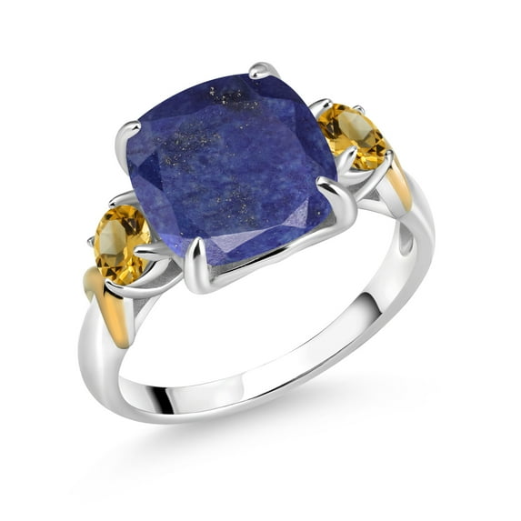 Gem Stone King 925 Silver and 10K Yellow Gold Blue Lapis and Yellow Citrine 3 Stone Ring for Women (4.01 Cttw, Gemstone Birthstone, Cushion 10MM, Round 4MM, Size 5)