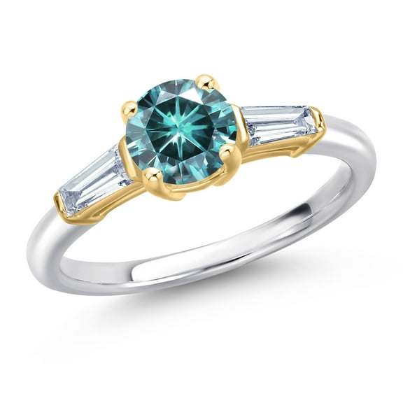 Gem Stone King 925 Silver and 10K Yellow Gold Blue Moissanite and Lab Grown Diamond Engagement Ring for Women | 1.30 Cttw | Round 6.5MM | Gemstone Birthstone | Size 9
