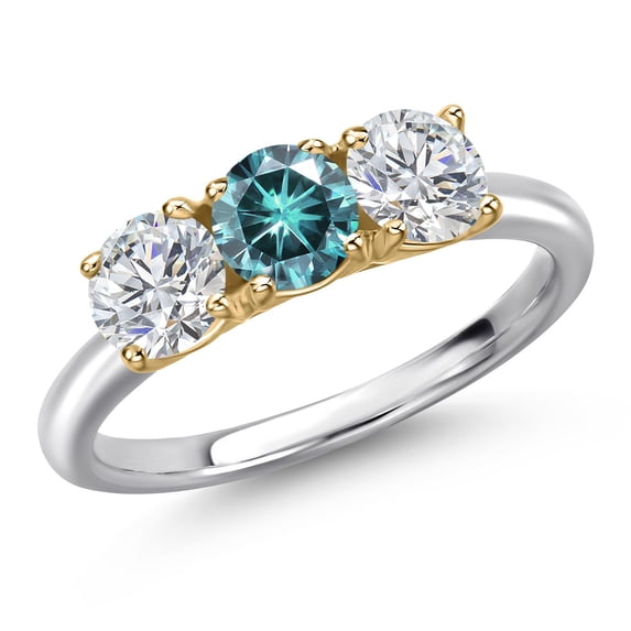 Gem Stone King 925 Silver and 10K Yellow Gold Blue Moissanite and Lab Grown Diamond Engagement Ring for Women | 1.50 Cttw | Round 5MM | Gemstone Birthstone | Size 9