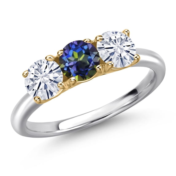 Gem Stone King 925 Silver and 10K Yellow Gold Blue Mystic Topaz and White Moissanite Engagement Ring for Women | 1.50 Cttw | Round 5MM | Gemstone November Birthstone | Size 7