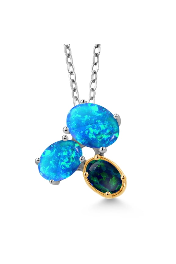 925 Silver and 10K Yellow Gold Blue Opal and Green Opal Pendant Necklace for Women (2.19 Cttw, Oval Cabochon 8X6MM, 7X5MM and 6X4MM, Gemstone October Birthstone, with 18 inch Chain)