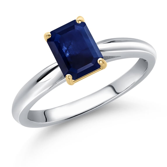 Gem Stone King 925 Silver and 10K Yellow Gold Blue Sapphire Engagement Ring for Women | 1.56 Cttw | Octagon 7X5MM | Gemstone September Birthstone | Size 7