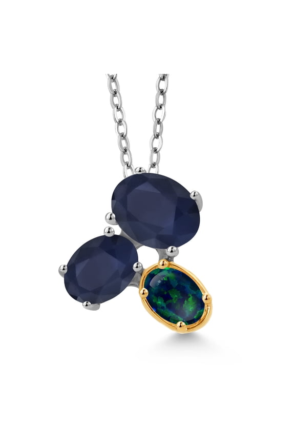 925 Silver and 10K Yellow Gold Blue Sapphire and Green Opal Pendant Necklace for Women (3.30 Cttw, Oval 8X6MM, 7X5MM and 6X4MM, Gemstone September Birthstone, with 18 inch Chain)
