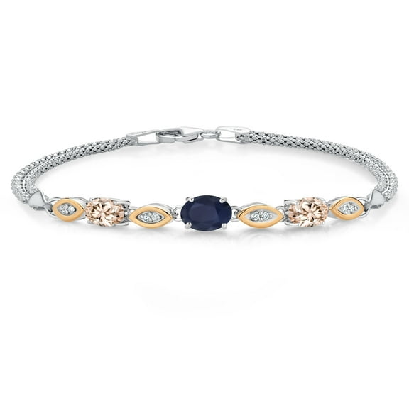 Gem Stone King 925 Silver and 10K Yellow Gold Blue Sapphire and Peach Morganite and White Lab Grown Diamond Bracelet for Women (2.06 Cttw, Gemstone September Birthstone, Oval, Wheat Chain, 7 inches)